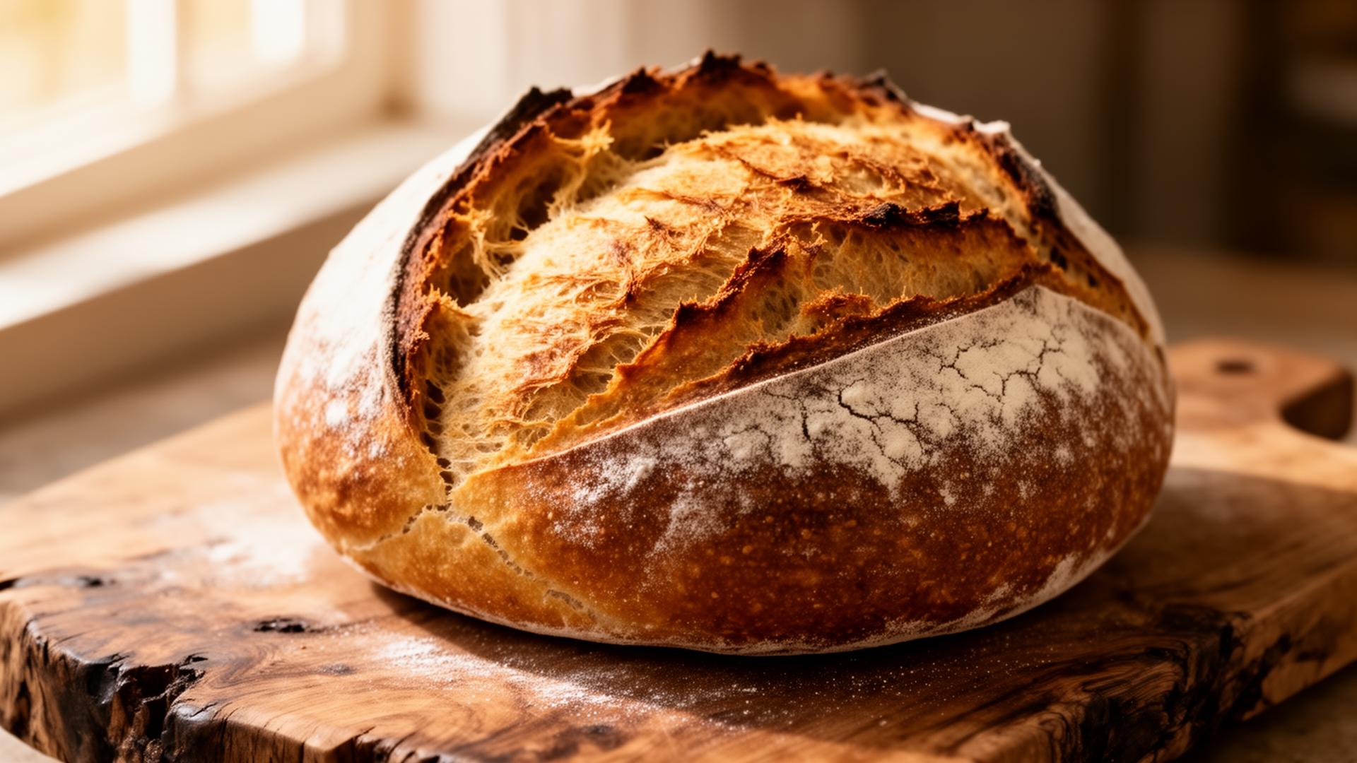 Artisan sourdough boule with crackling crust